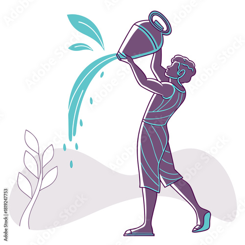 Stylized illustration of the zodiac sign aquarius pouring water from a jug with a plant in the background