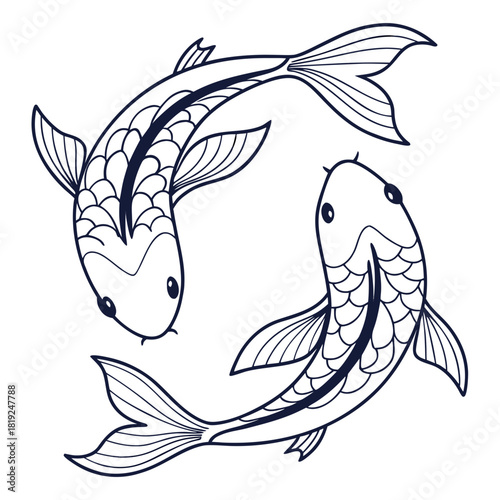 Two stylized koi fish swimming in a circular yin yang pattern against a white background
