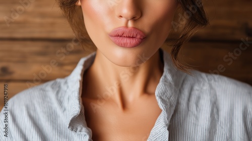 Close-up of young caucasian female with pouty lips and textured background