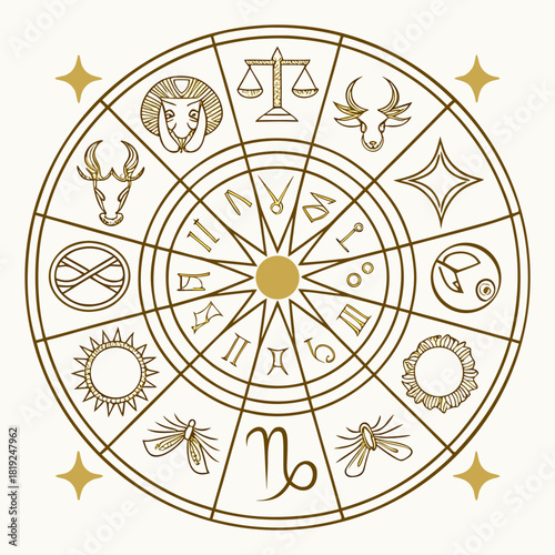 Golden zodiac wheel with astrological symbols and constellations on a light background