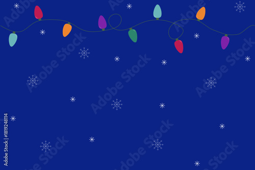 Seamless pattern with Colorful Christmas Lights and Falling Snowflakes on Deep Blue Background
