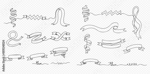 Hand-drawn continuous line art collection of various ribbons and banners in different shapes and styles on a transparent background.