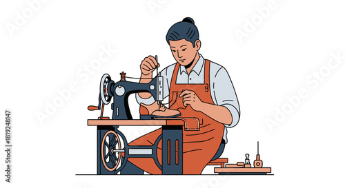Person diligently sewing with a vintage sewing machine, focused on the task.
