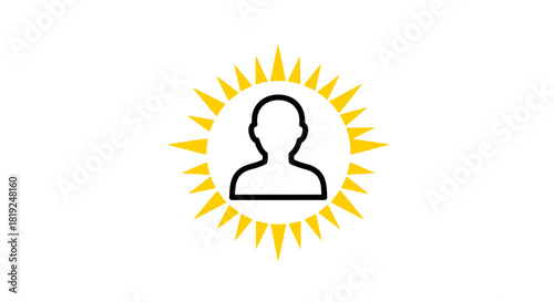 Person silhouette surrounded by sun rays representing focus and energy in a bright design.