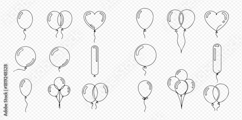 Set of outline illustrations of various balloons including single, paired, heart-shaped, and clustered designs.