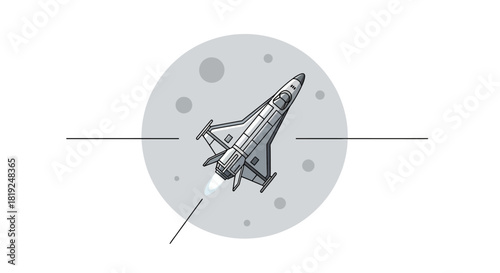 Rocket ship soaring through space towards the moon illustration.