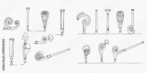 Set of party blowouts and noisemakers in line art style.