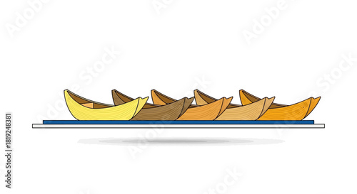 Row of colorful boats lined up on a blue shelf against a white background.