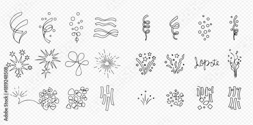 Hand-drawn outline vector set of festive celebration elements including confetti, streamers, fireworks, and sparklers.