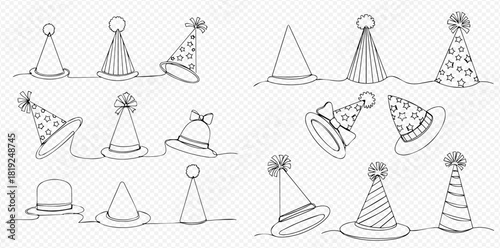 Collection of various party hats and other headwear in a continuous line art style, perfect for celebrations and events.
