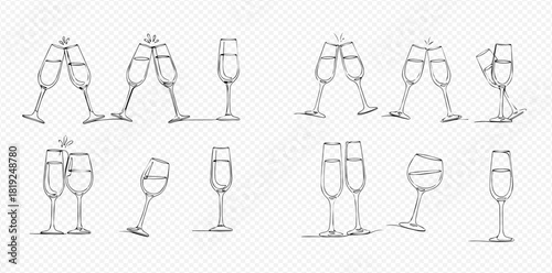 Hand-drawn sketch set of champagne glasses, some toasting, some standing, and some tilted, for celebration and party designs.