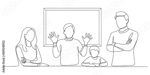 Continuous line drawing of a family with two children minimalist