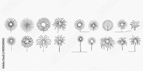 Line art set of various fireworks and sparklers illustrations.