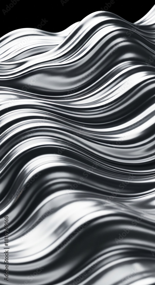 Obraz premium A dynamic composition of flowing silvergrey metallic waves against a black background showcasing smooth reflections
