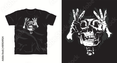 Skull with Fingers Making Peace Sign T Shirt Design for Apparel