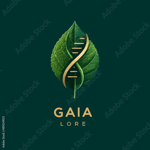 Abstract leaf with dna strand in green and gold design on dark background
