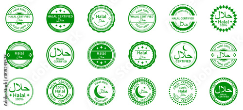 Halal labels form a clean green collection with bold symbolic shapes. Each emblem shows balanced outlines and clear meaning