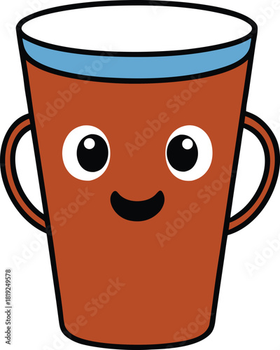 Cheerful cartoon beverage mug with handles and friendly face