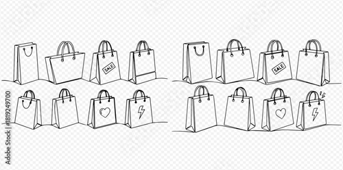 Continuous line art drawing of various shopping bags, including designs for sale, love, and power, representing retail and consumerism.