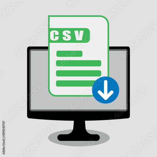 CSV file download icon on computer screen, representing data import or export, vector graphic
