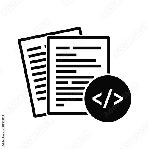 Black coding symbol on circle next to stacked documents icon code programming