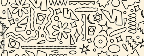 Hand drawn shapes create a soft abstract seamless pattern with playful energy. Each element shows loose lines and friendly mood