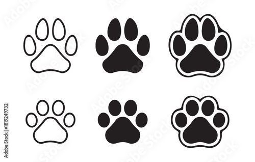 Paw print vector icon set. dog or cat paw print isolated on white background. animal footprint