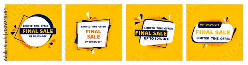 Sale banners create a bold promotional set with bright yellow backgrounds. Each layout shows strong contrast and dynamic shapes. This artwork suits marketing themes