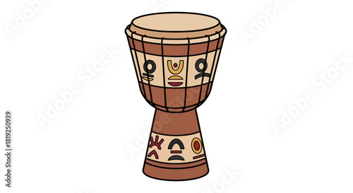 Traditional West African djembe drum with ethnic symbols illustration.