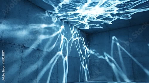 Rippling caustics climb the walls, liquid light mapping geometry in motion.