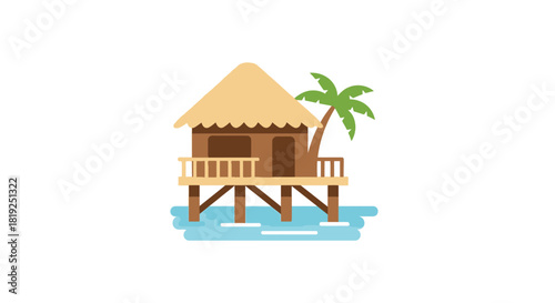 Tropical Stilt House with Palm Tree in Turquoise Water.