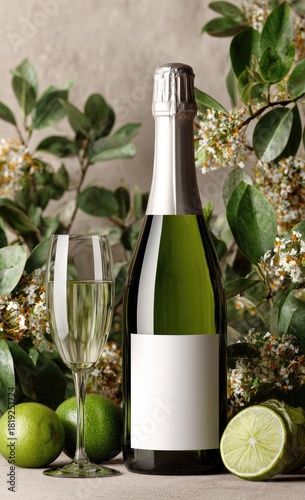 Champagne bottle and glass near limes and green foliage background