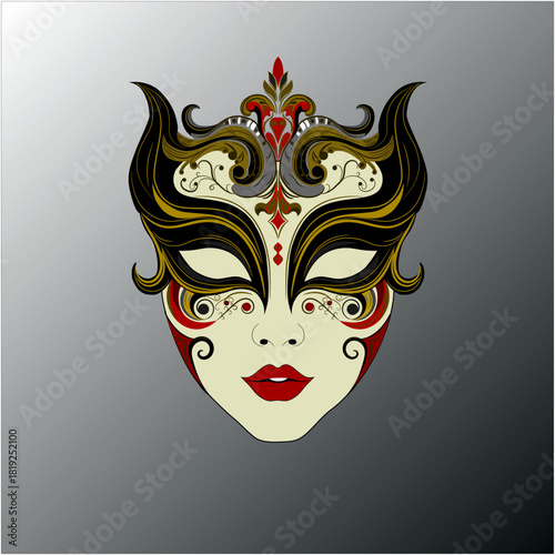 A highly detailed ornamental mask with black, gold, and red accents. Ideal for mystery, cultural, carnival, festival designs, and decorations.
