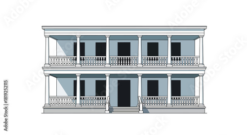 Two-story house with columns and balconies.