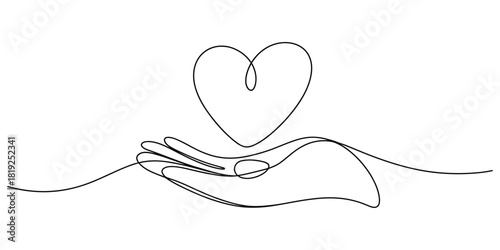Continuous line drawing of hand holding heart symbol of love care