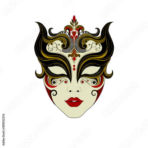 A highly detailed ornamental mask with black, gold, and red accents. Ideal for mystery, cultural, carnival, festival designs, and decorations.
