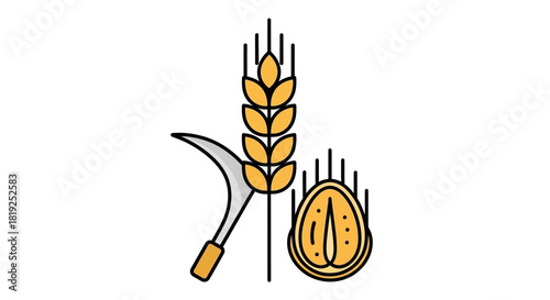 Wheat harvest symbol with sickle and grain, agriculture concept illustration.
