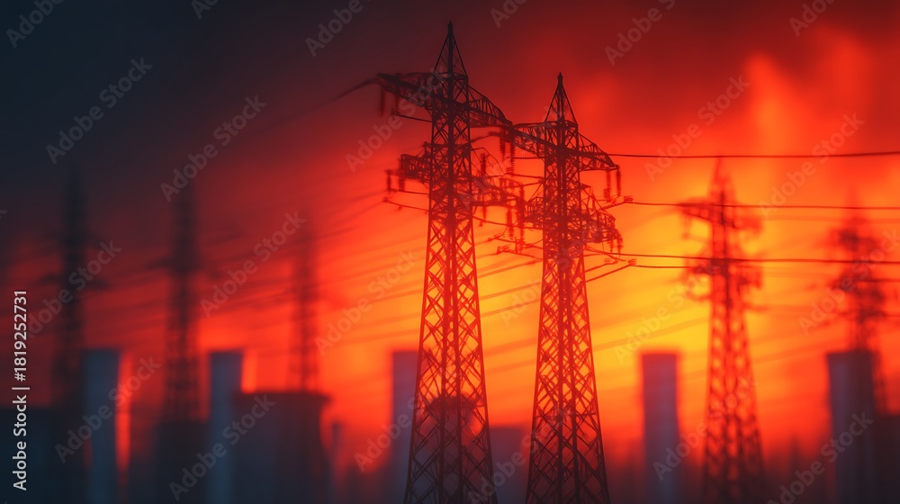 Naklejka premium The image features towering power lines silhouetted against a dramatic orange and red sky, creating an intense and industrial atmosphere.