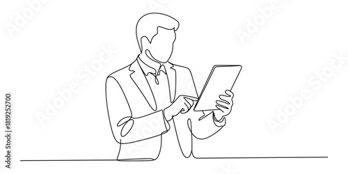 Businessman using tablet device, continuous line art drawing