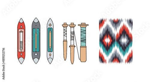 Weaving Tools and Ikat Pattern Textile Design Elements.