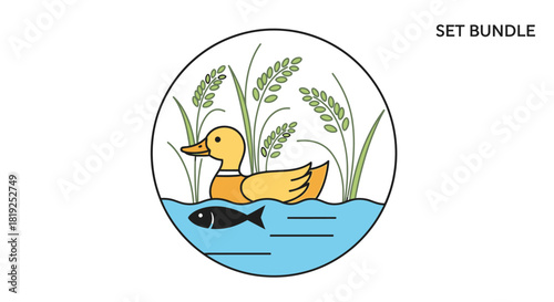 Yellow duck swimming in water with fish and reeds.