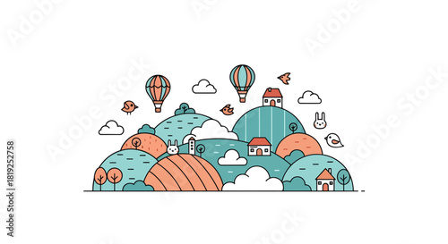 Whimsical countryside illustration with rolling hills, balloons and happy elements creating a