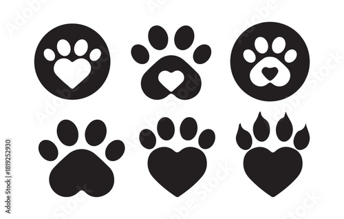 Collection of six different pet paw print designs featuring solid black shapes and heart details