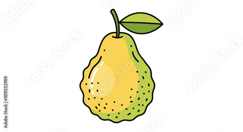 A single ripe yellow pear with a green leaf and stem.
