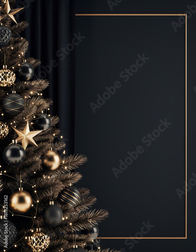 Elegant holiday Christmas tree with black and gold ornaments and frame for text