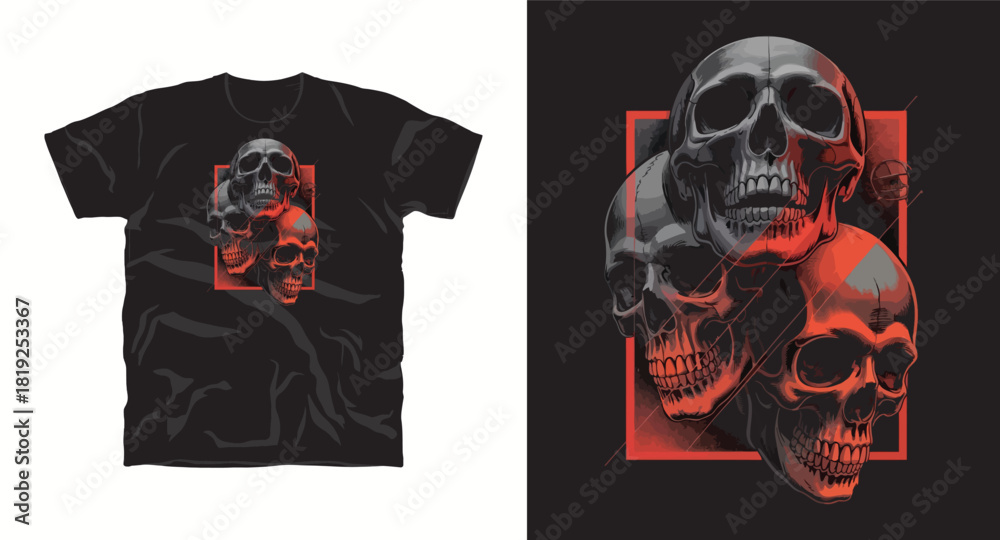 Fototapeta premium Three Skulls Stacked T-Shirt Vector Graphic Design in Red Frame