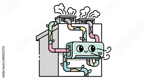 Whimsical air conditioning system with character, pipes, and decorative foliage illustration