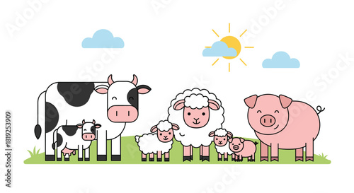 Cute cartoon farm animals including a cow and calf, sheep and lambs, and a pig and piglet standing in a grassy field on a sunny day.