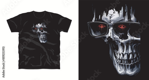 Skull T-Shirt Design Wearing Sunglasses with Red Eyes