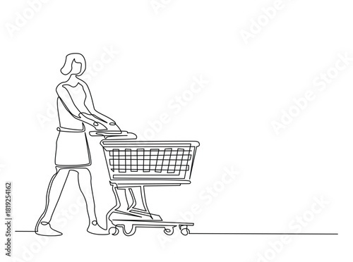 Continuous line art drawing of Woman pushing shopping trolley. Editable stroke.